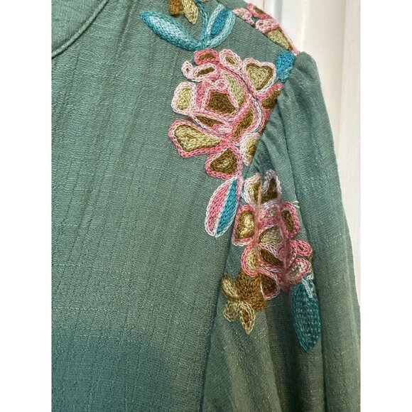 Anthropologie Fig & Flower Green Tiered Embroidered Maxi Dress L Whimsical Boho - Picture 4 of 7